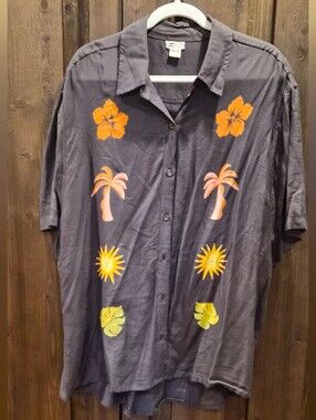 Billabong Lt Black Short-Sleeve Button-Up with Orange & Yellow Tropical Motifs